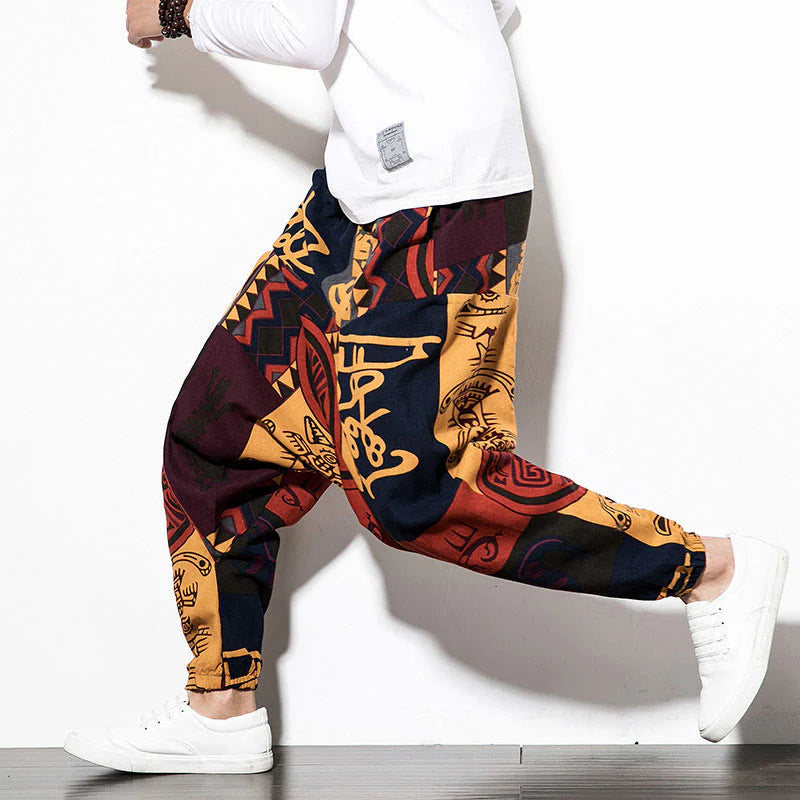 Buddha Stones Red Brown Graffiti Bird Print Men's Harem Pants With Pockets