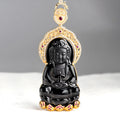 Buddha Stones Natural Black Jade Kwan Yin Avalokitesvara Wealth Titanium Steel Chain Necklace Pendant