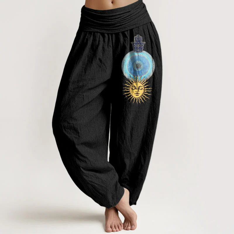 Buddha Stones Pure Cotton Minimalist Style Hamsa's Hand Sun Pattern Women's Elastic Waist Harem Pants