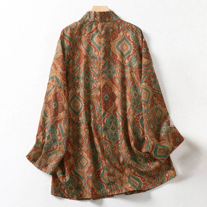 Buddha Stones Printing Chinese Frog-Button Long Sleeve Stand Collar Women's Shirt With Pockets