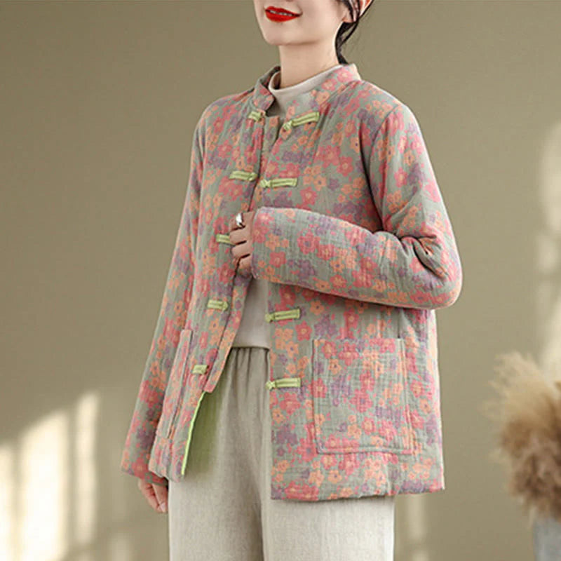 Buddha Stones Women's Winter Thicken Cotton Floral Pattern Long Sleeve Jacket With Pockets