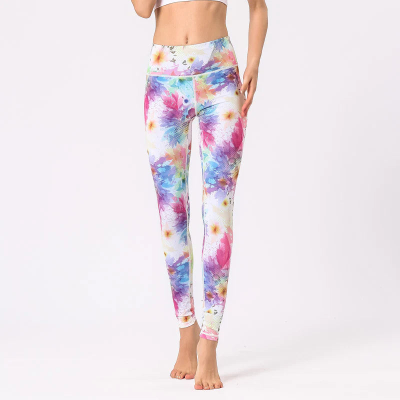 Buddha Stones Multicolored Print Flowers Pants Sports Exercise Fitness High Waist Leggings Women's Yoga Pants