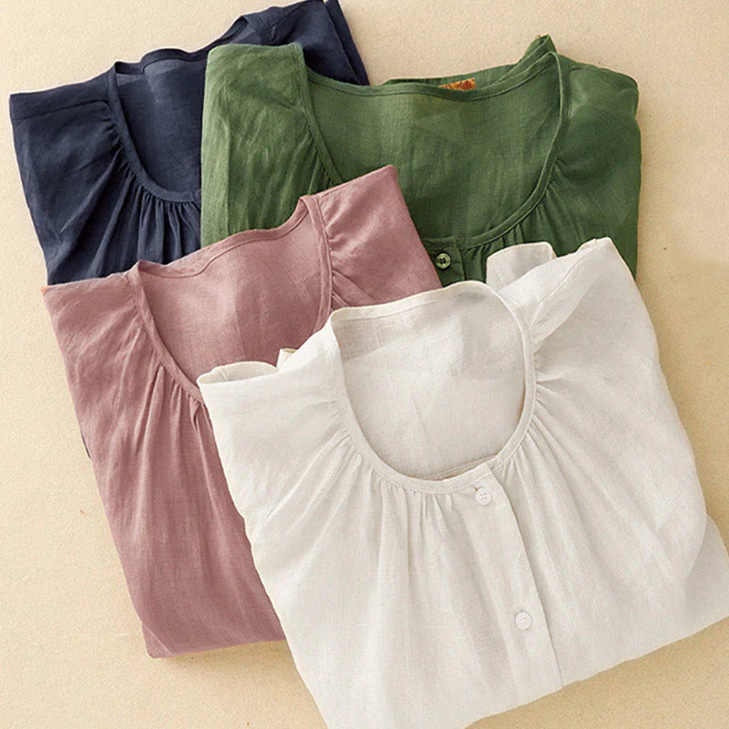 Buddha Stones Plain Button Crew Neck Design Women's Blend Three Quarter Sleeve Shirt