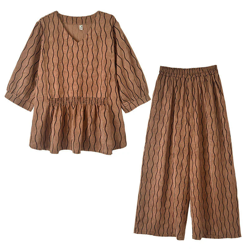 Buddha Stones 2pcs Striped Pattern Short Sleeve Shirt Polyester 7 Length Harem Pants Set With Pocket