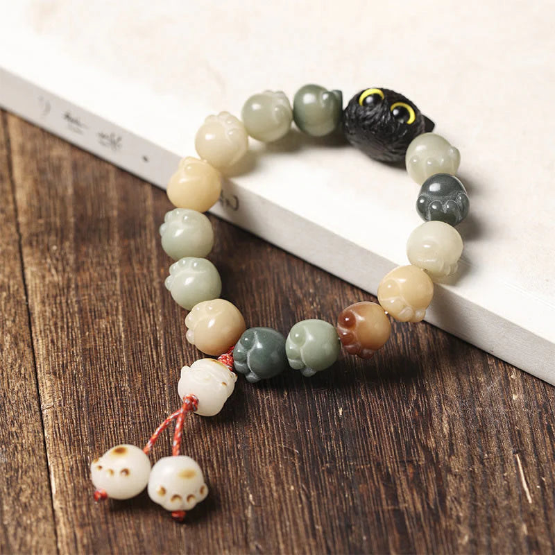 Buddha Stones Natural Bodhi Seed Lovely Paw Ebony Wood Lucky Cat Wisdom Bracelet