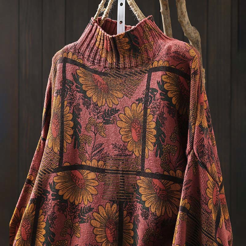 Buddha Stones Sunflower Pattern Mock Neck Long Sleeve Women's Cotton Sweater