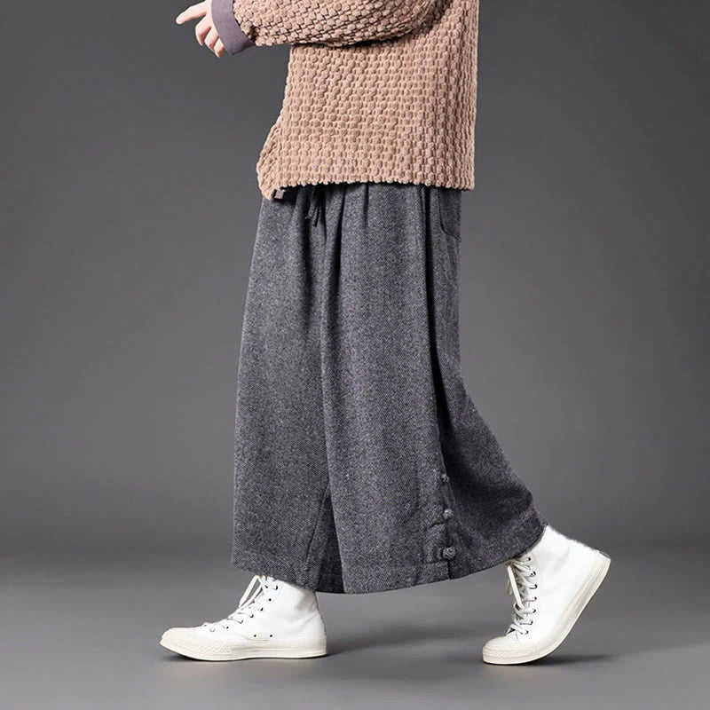 Buddha Stones Winter Chinese Frog-Button Design Corduroy Thermal Men's Wide Leg Pants With Pockets