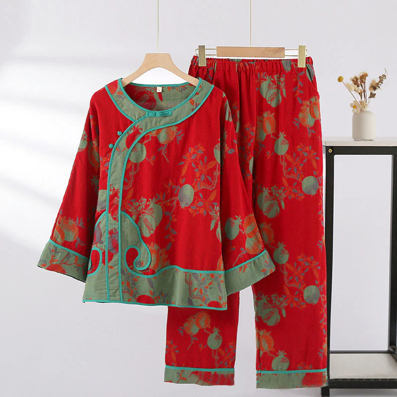 Buddha Stones 2pcs Patchwork Long Sleeve Frog-Button Shirt Pants With Pockets Pure Cotton Set