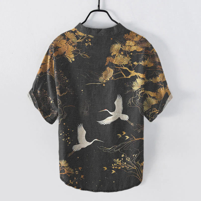 Buddha Stones Cotton Pine Tree White Crane Pattern Men's Short Sleeve Half Button Shirt