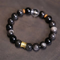 Buddha Stones Natural Silver Sheen Obsidian Crystal Om Mani Padme Hum Bead Protection Bracelet