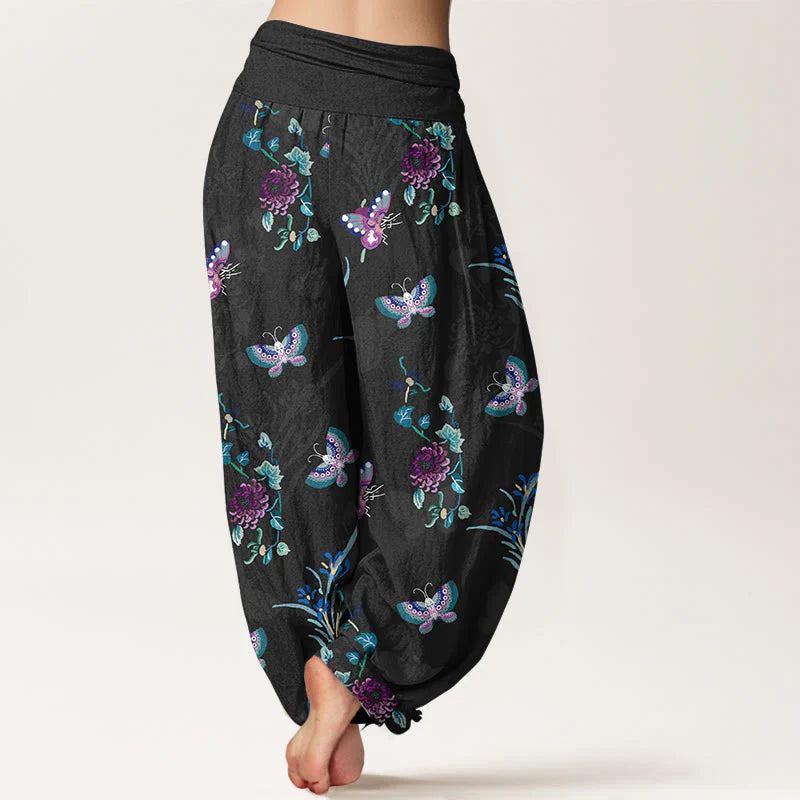 Buddha Stones Pure Cotton Fresh Elegant Butterfly Grass Flower Pattern Women's Elastic Waist Harem Pants