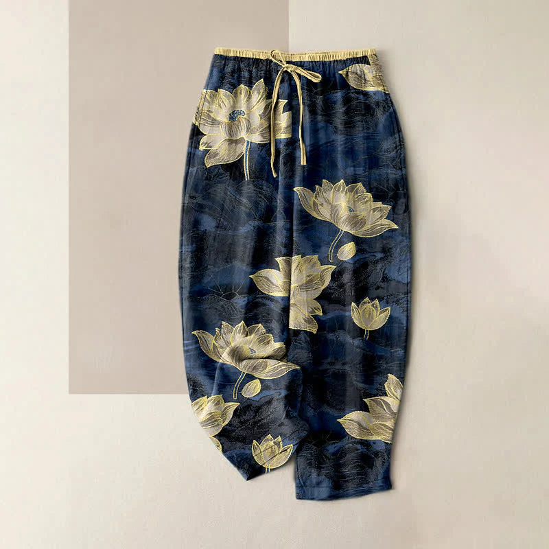 Buddha Stones Lotus Pattern Pure Cotton Elastic Waist Women's Pants With Pockets