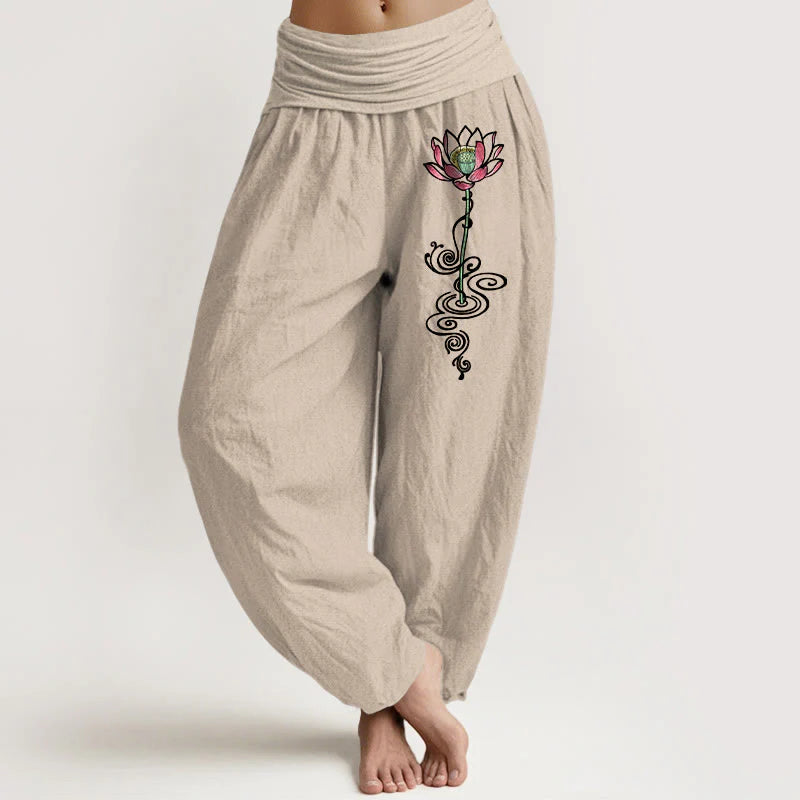 Buddha Stones Pure Cotton Simple Lotus Flower Pattern Women's Elastic Waist Harem Pants