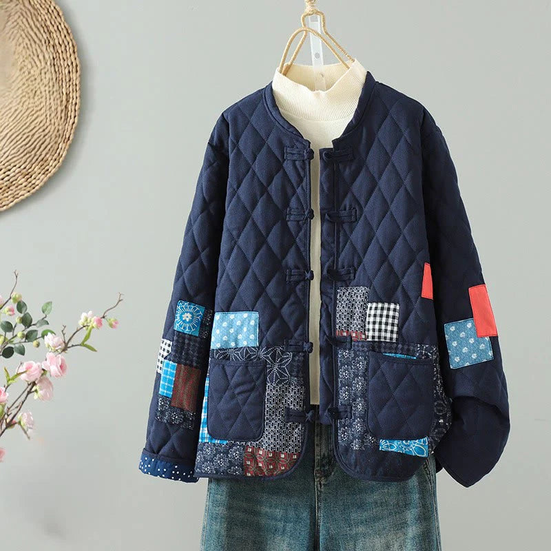 Buddha Stones Ethnic Frog-button Patchwork Women's Thickened Cotton Long Sleeve Jacket With Pockets