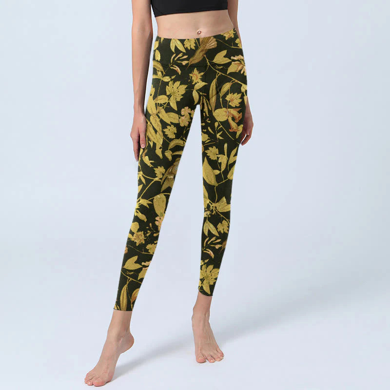 Buddha Stones Luxurious Flower Leaf Bird Pattern Print Gym Leggings Women's Yoga Pants