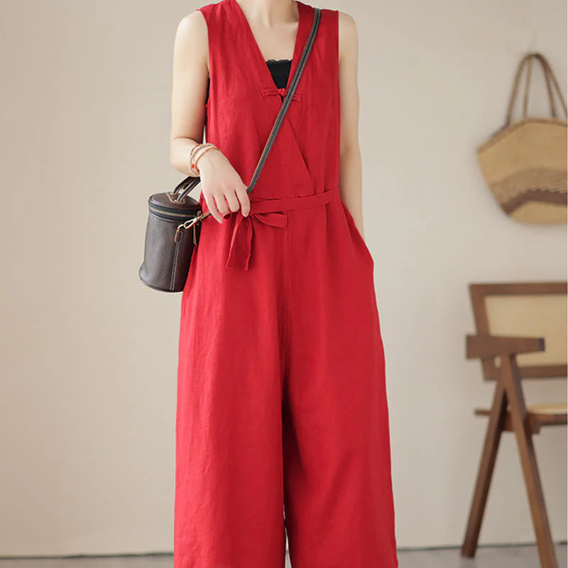 Buddha Stones Casual Lace-Up Simple Sleeveless Design Women's Cotton Linen Jumpsuit With Pockets
