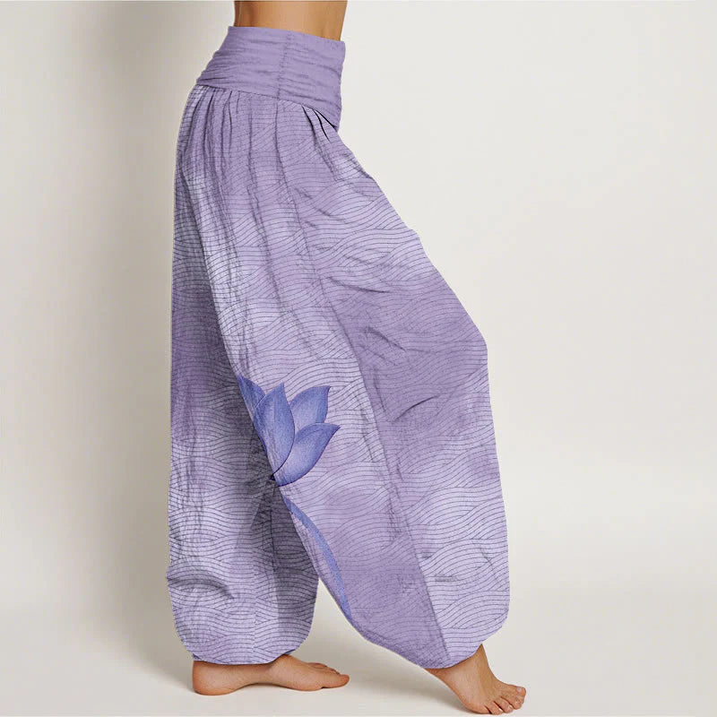 Buddha Stones Cotton Light Color Lotus Wavy Lines Pattern Women's Elastic Waist Harem Pants