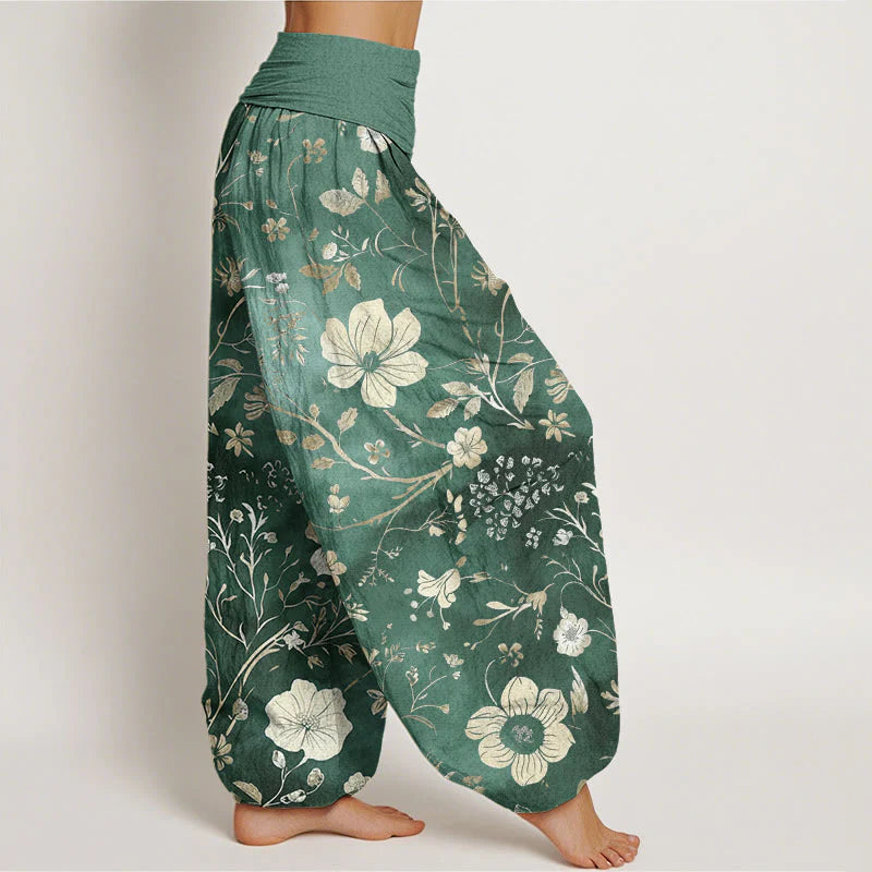 Buddha Stones Cotton White Flowers Winding Vines Pattern Design Women's Elastic Waist Harem Pants