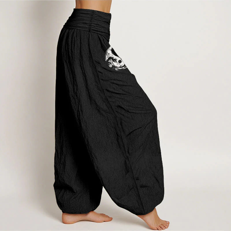 Buddha Stones Dragon Yin Yang Waves Flower Pattern Pure Cotton Women's Elastic Waist Harem Pants