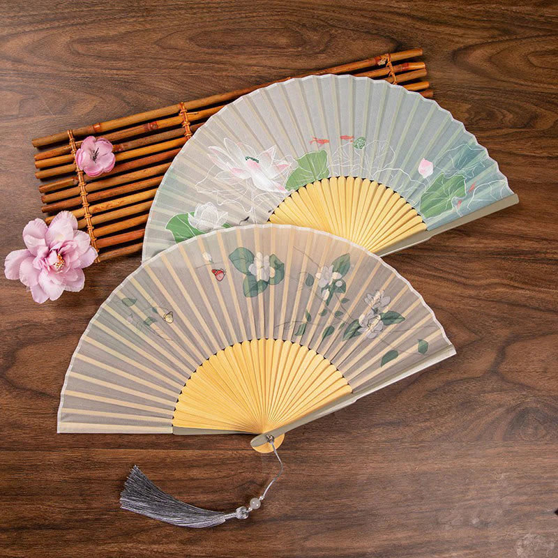Buddha Stones Jasmine Lotus Begonia Flowers Handheld Bamboo Folding Fan (Extra 30% Off | USE CODE: FS30)