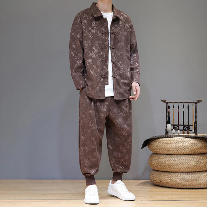 Buddha Stones 2Pcs Winter Thick Bamboo Men's Tang Suit Frog-Button Cotton Corduroy Long Sleeve Jacket Pants Set With Pockets