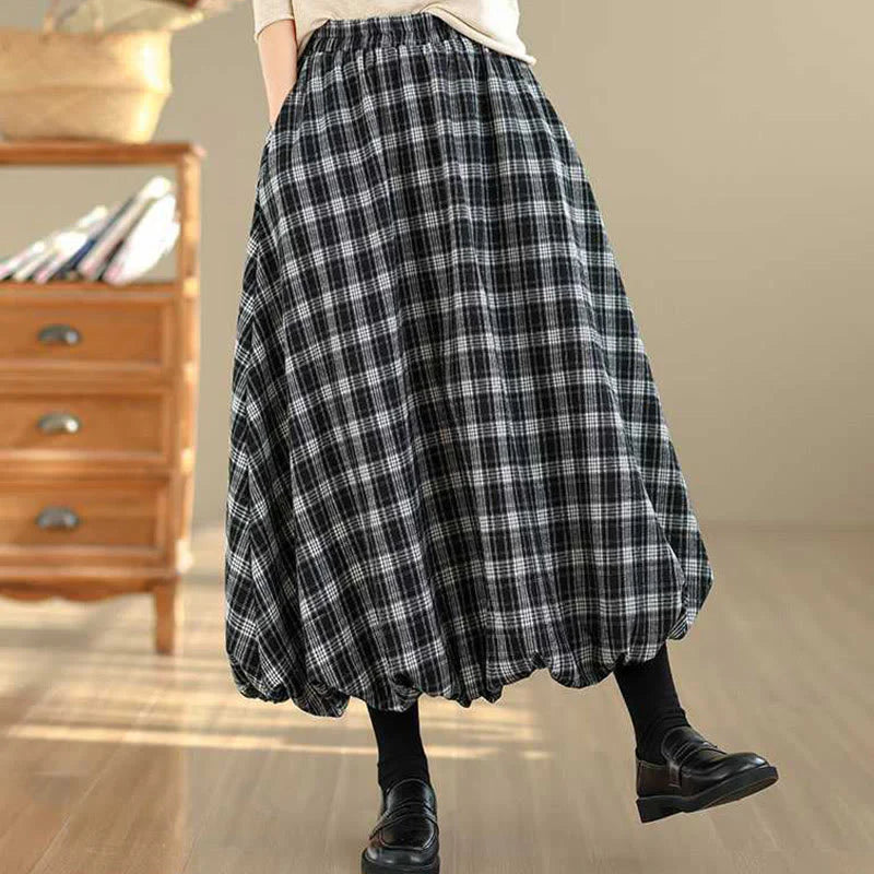 Buddha Stones Women's Plaid Pattern Cotton Skirt With Pockets