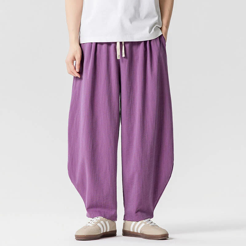 Buddha Stones Summer Pure Color Drawstring Men's Cotton Ankle-Length Pants With Pockets