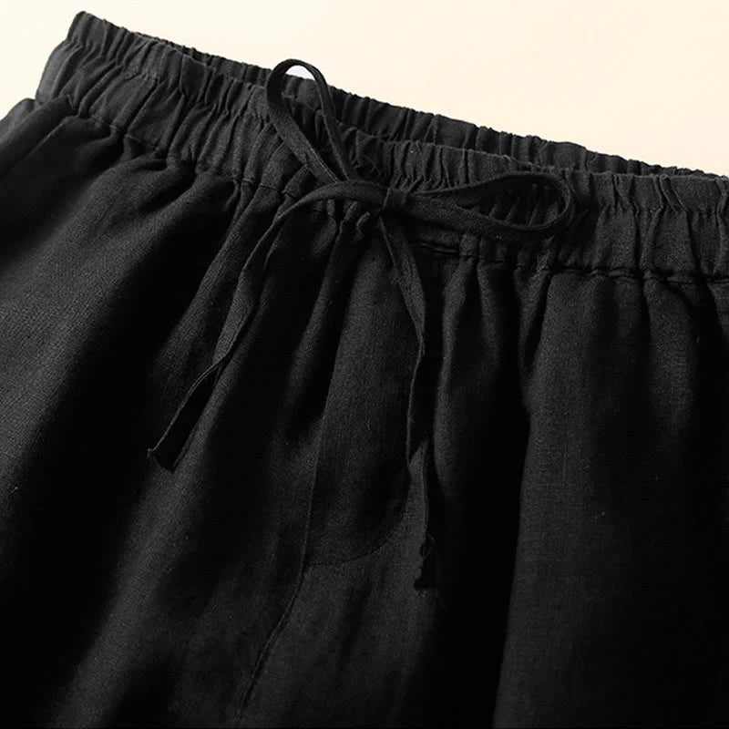 Buddha Stones Plain Color Bottom Hollow Lace Design Lace-up Cotton Women's Shorts With Pockets