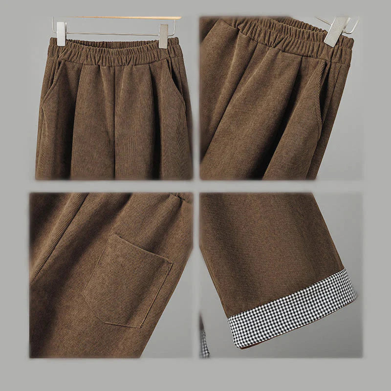 Buddha Stones Plain Elastic Waist Patchwork Plaid Women's Ankle-Length Wide Leg Corduroy Pants