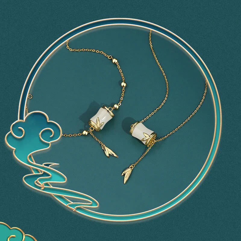 Buddha Stones 925 Sterling Silver 22K Gold Hetian White Jade Bamboo Leaf Luck Necklace Pendant Bracelet