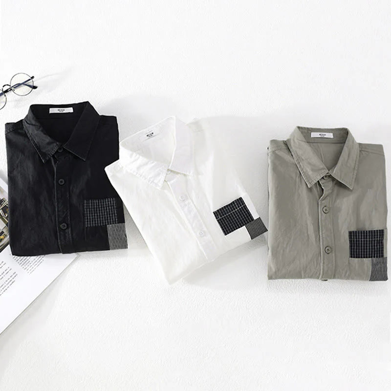 Buddha Stones Fall Square Color Blocking Decorative Pocket Buttons Down Stand Collar Long Sleeve Men's Cotton Shirt
