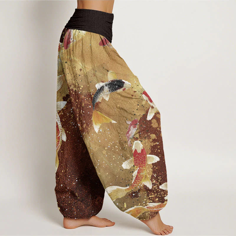 Buddha Stones Cotton Casual Koi Fish Gold Ink Background Pattern Women's Elastic Waist Harem Pants