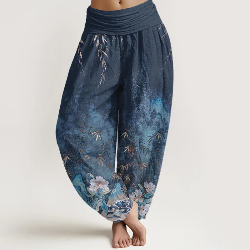 Buddha Stones Cotton Natural Landscape Bamboo Flowers Pattern Women's Elastic Waist Harem Pants