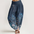 Buddha Stones Cotton Natural Landscape Bamboo Flowers Pattern Women's Elastic Waist Harem Pants