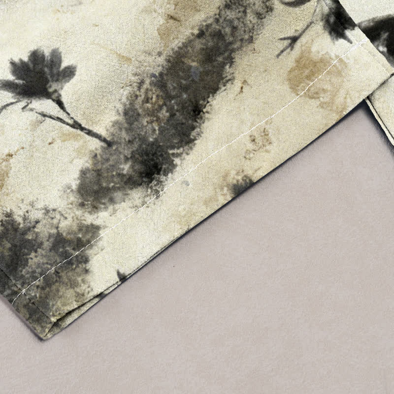 Buddha Stones Ink Wash Painting Floral Elastic Drawstring Women's Pure Cotton Pants With Pockets