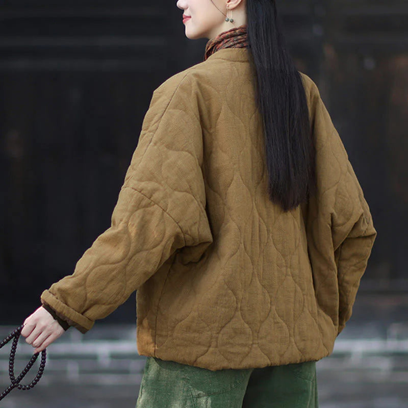 Buddha Stones Winter Curved Lines Frog-Button Ramie Cotton Long Sleeve Women's Thermal Jacket With Pockets