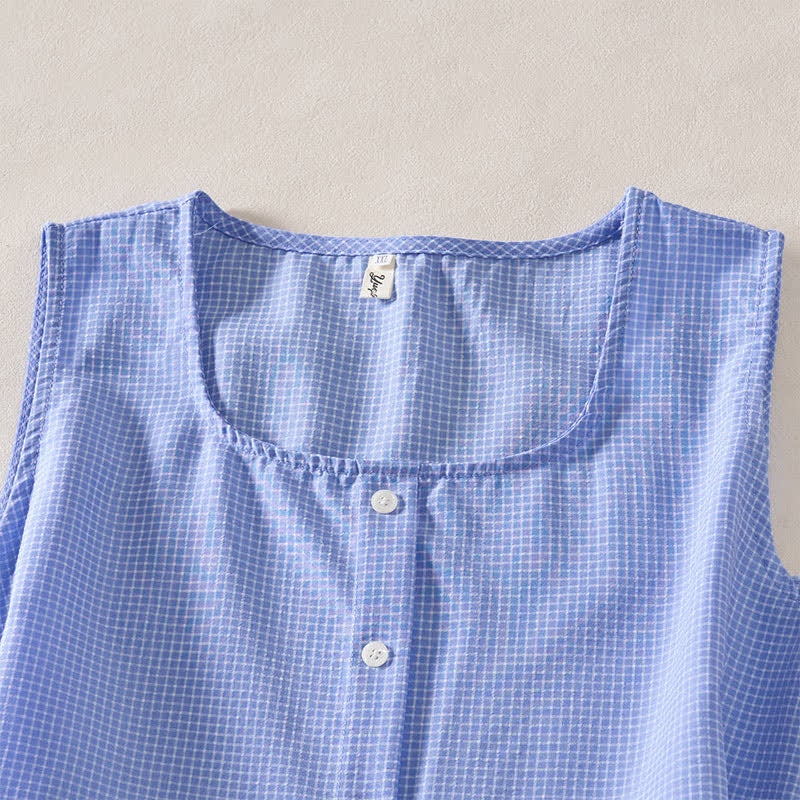 Buddha Stones Summer Coral Gingham Sleeveless A Line Vacation Casual Knee Length Dress With Pockets