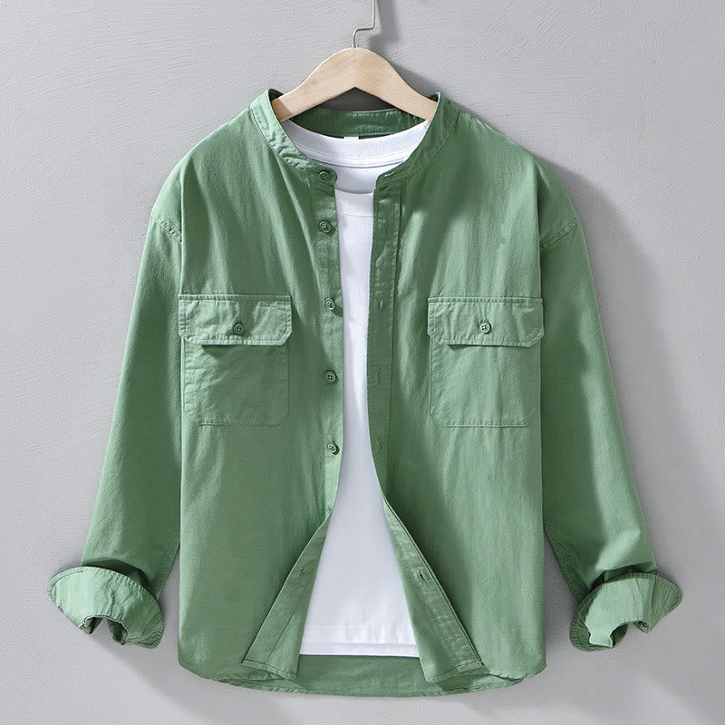 Buddha Stones Crew Neck Solid Color Men's Long Sleeve Cotton Thickened Jacket With Pockets