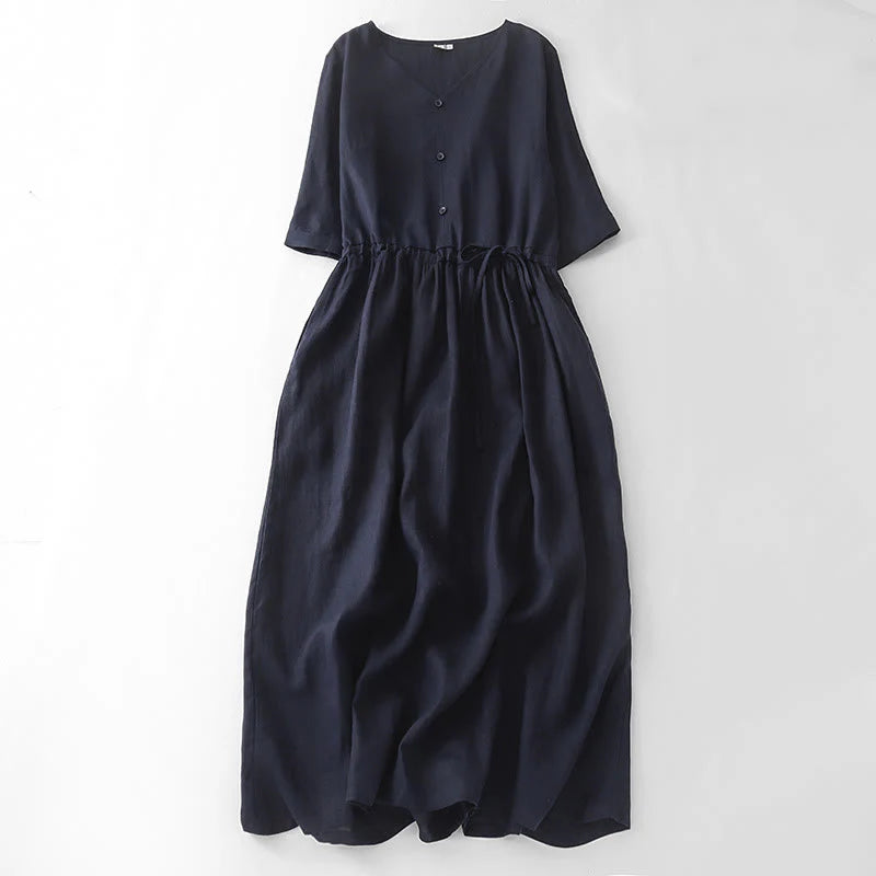 Buddha Stones Vintage Casual Solid Color Pleat Drawstring Design Half Sleeve Cotton Linen Midi Dress With Pockets