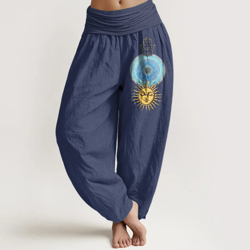 Buddha Stones Pure Cotton Minimalist Style Hamsa's Hand Sun Pattern Women's Elastic Waist Harem Pants