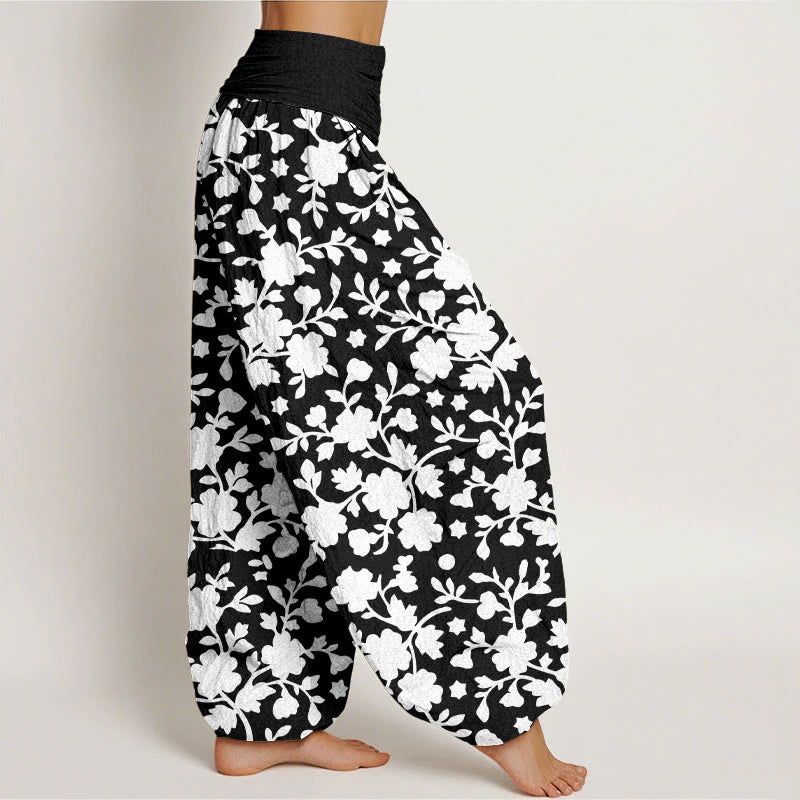 Buddha Stones Pure Cotton White Flowers Leaves Stars Pattern Women's Elastic Waist Harem Pants