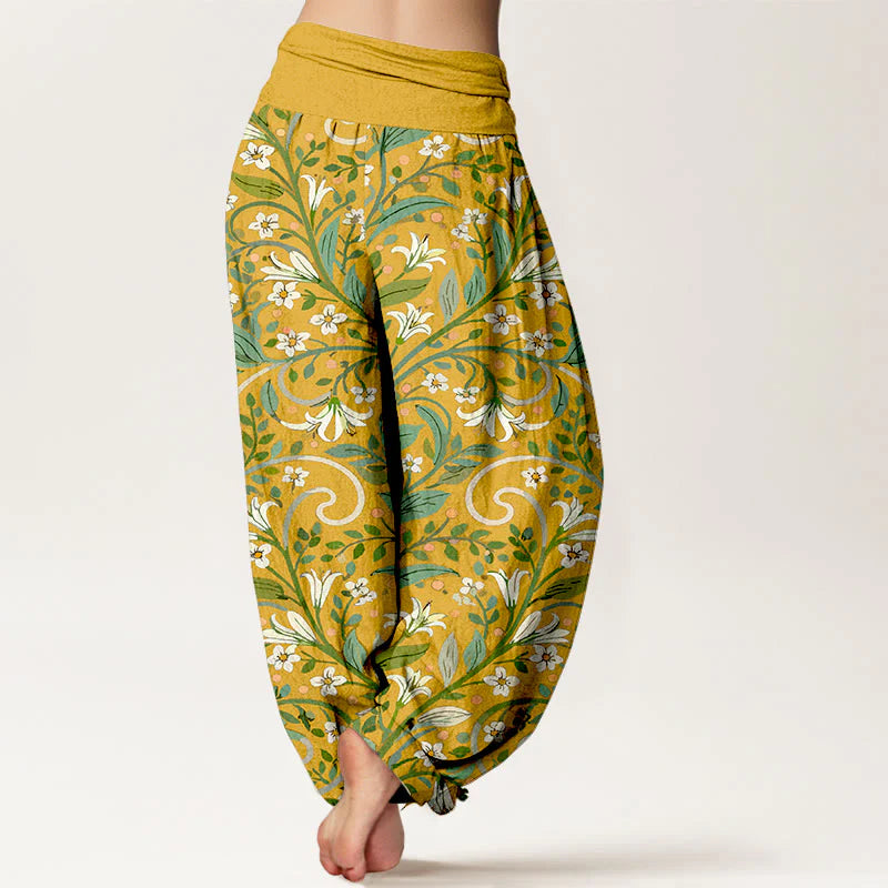 Buddha Stones Pure Cotton Elegant Lily Petal Leaf Pattern Women's Elastic Waist Harem Pants