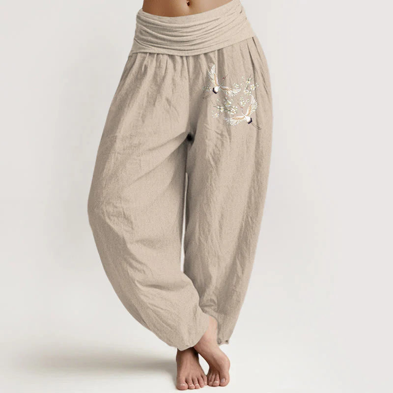 Buddha Stones Cranes Flowers Pattern Pure Cotton Women's Elastic Waist Harem Pants