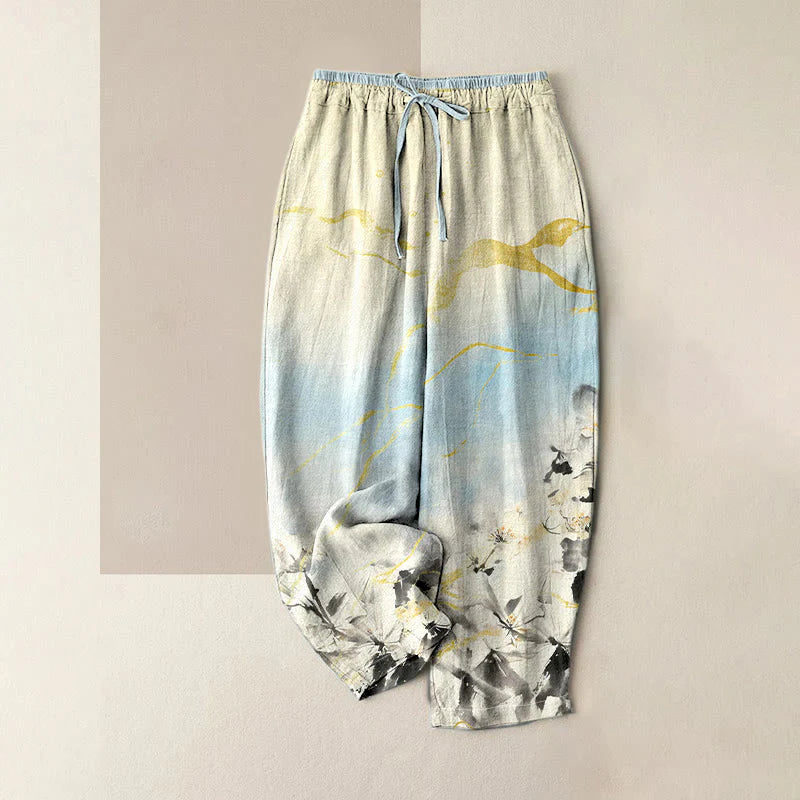 Buddha Stones Pure Cotton Ink Flower Golden Lines Pattern Women's Elastic Waist Pants With Pockets