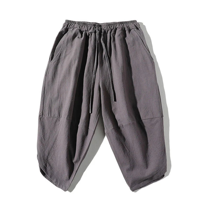 Buddha Stones 2Pcs Plain Notched Collar T-Shirt 7-8 Length Wide Leg Shorts With Pockets Cotton Linen Men's Meditation Cloth Set