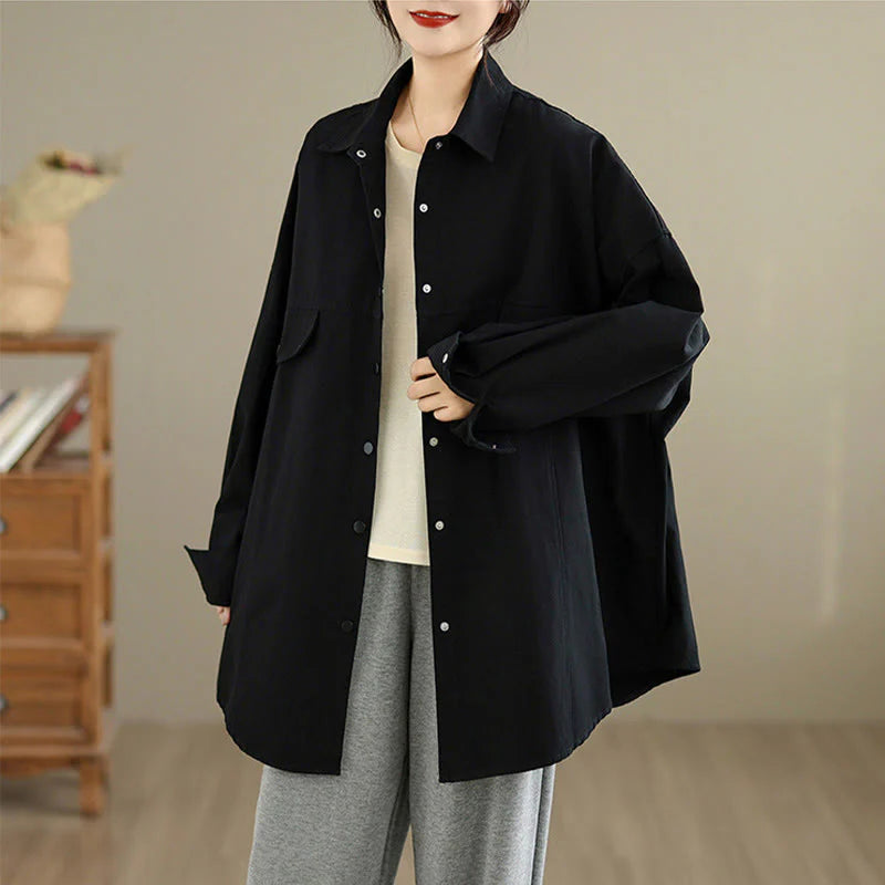 Buddha Stones Fall Pure Color Lapel Button Simple Design Women's Cotton Long Sleeve Jacket