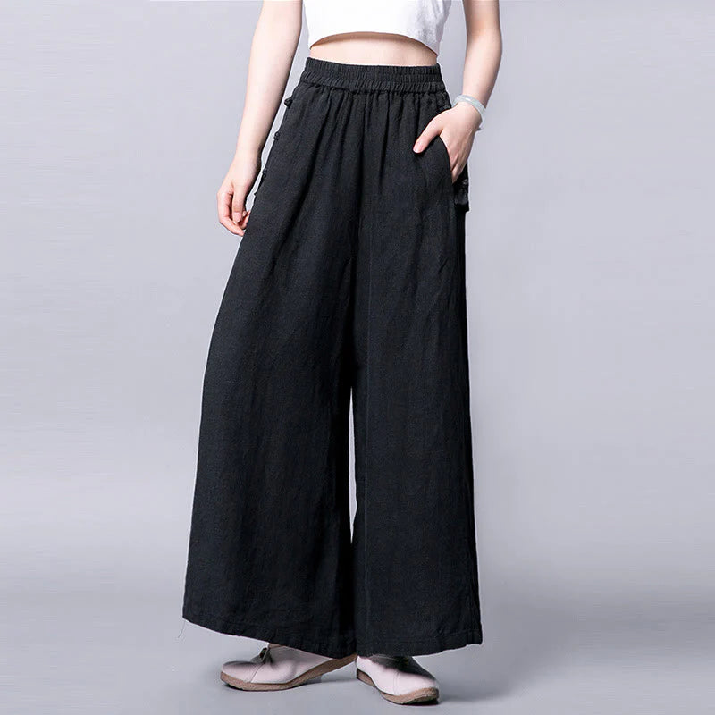 Buddha Stones Casual Frog-Button High Waist Wide Leg Pants With Pockets