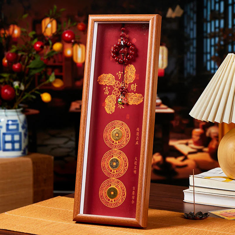 Buddha Stones Copper Coins Cinnabar Attract Fortune Blessing Photo Frame Ornament Home Decor