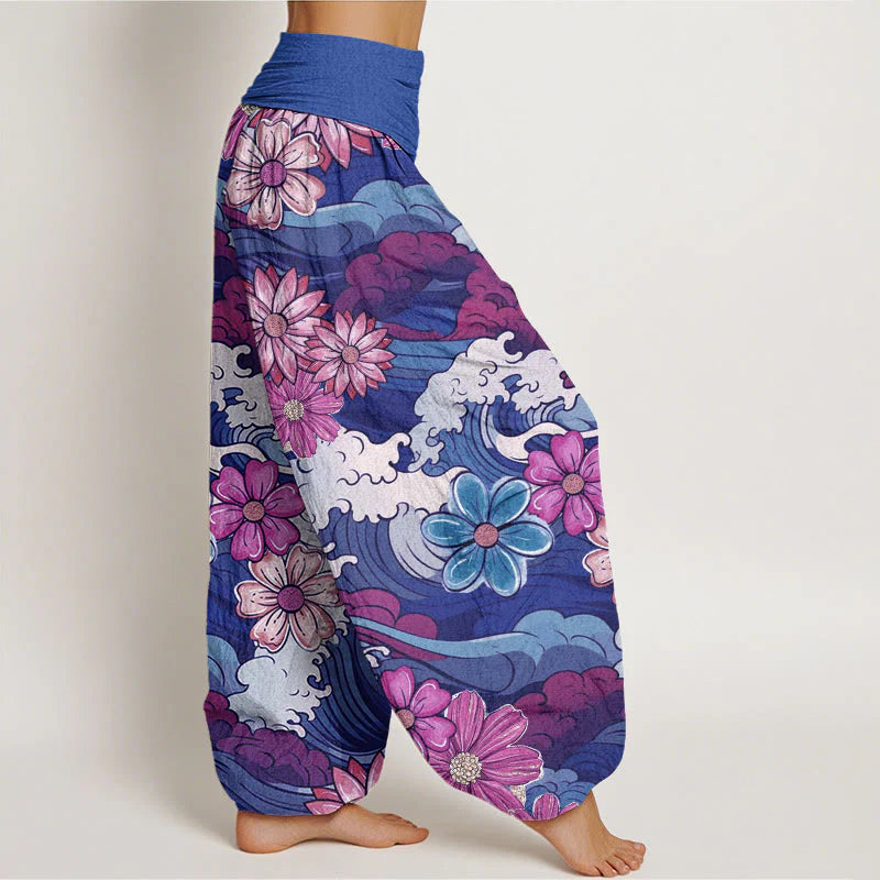 Buddha Stones Cotton Colorful Ocean Wave Various Flower Pattern Women's Elastic Waist Harem Pants