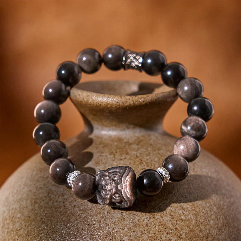 Buddha Stones Natural Silver Sheen Obsidian Lion Dance Protection Bracelet